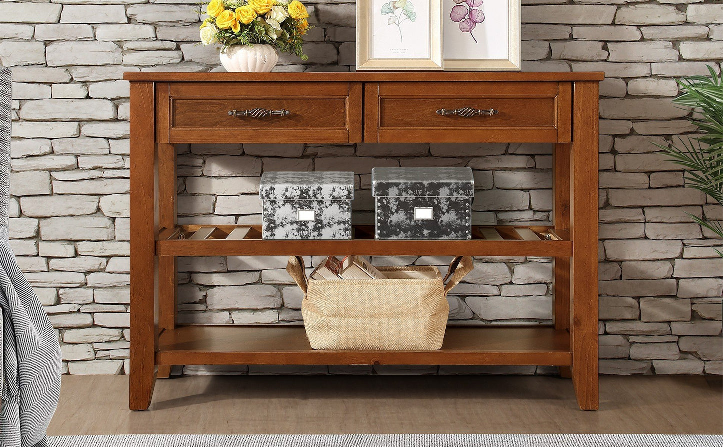 Brown wooden console table with two drawers and two shelves featuring decorative boxes and basket