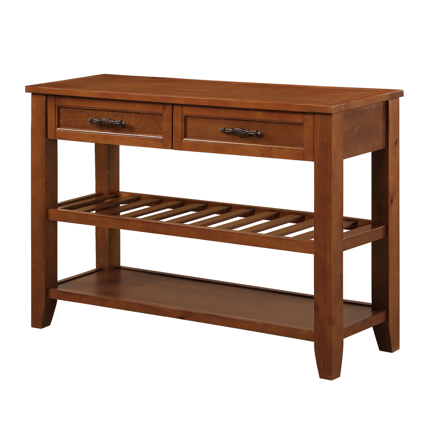 Mahogany wood console table with two drawers and slatted shelf