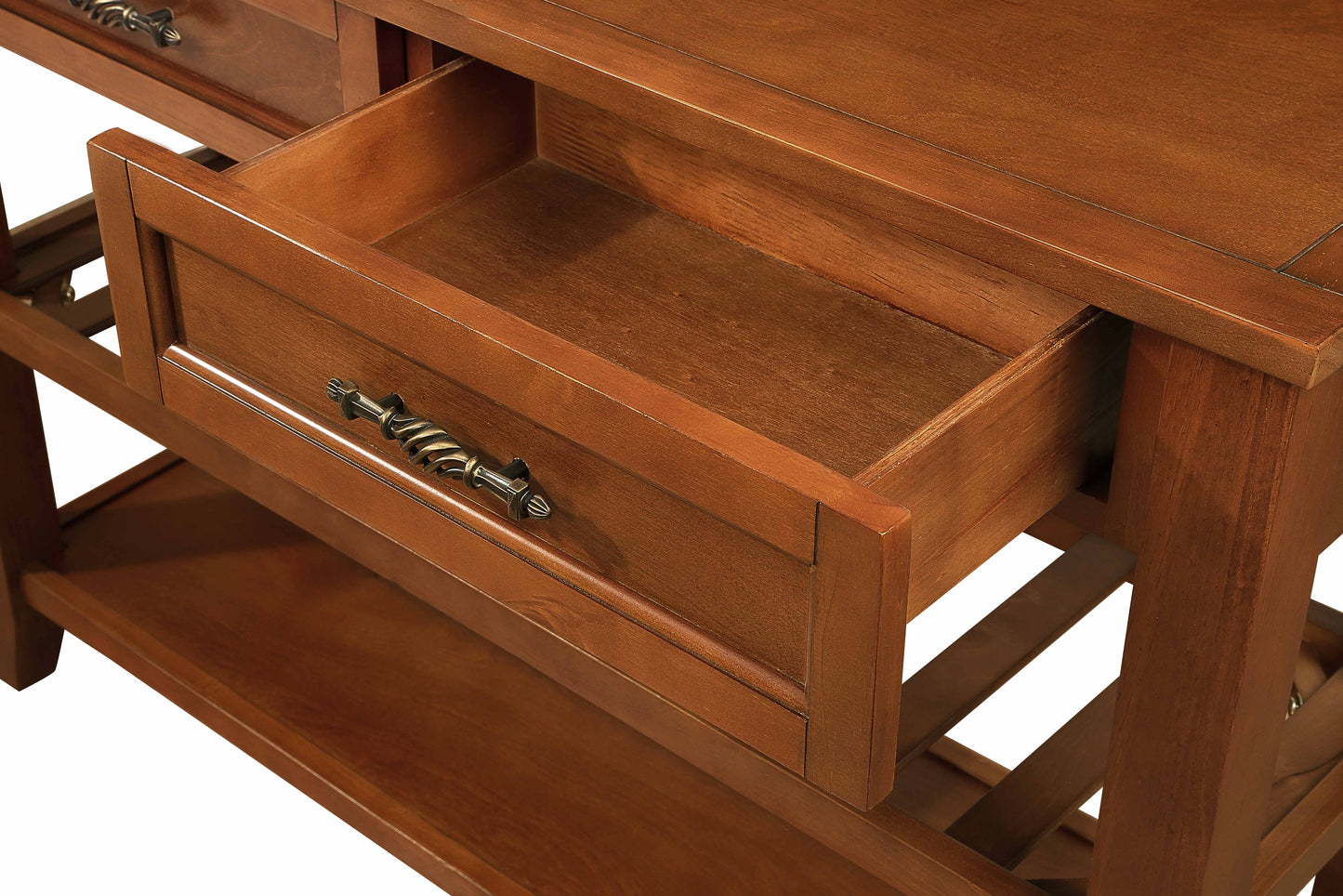 Rich mahogany console table with an open drawer and decorative bronze pull