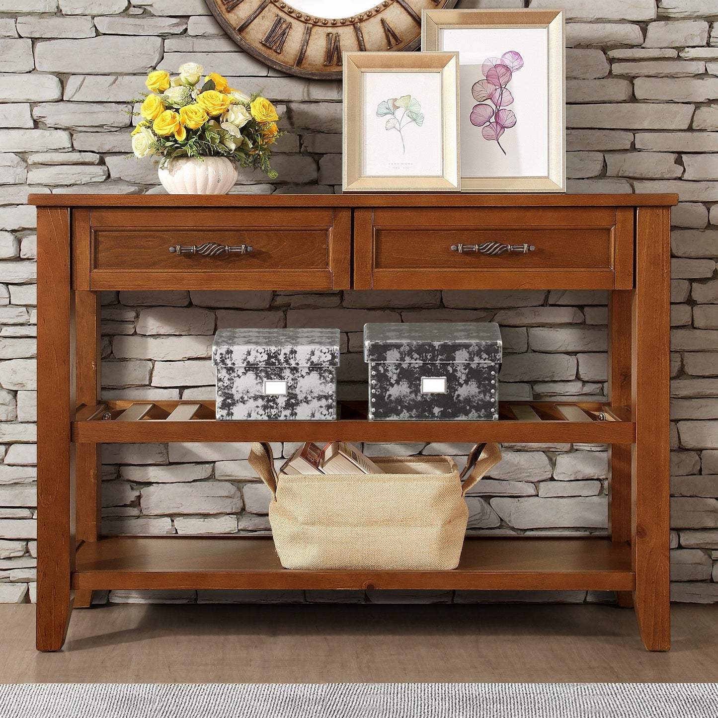 Brown wood console table with two drawers and open shelving