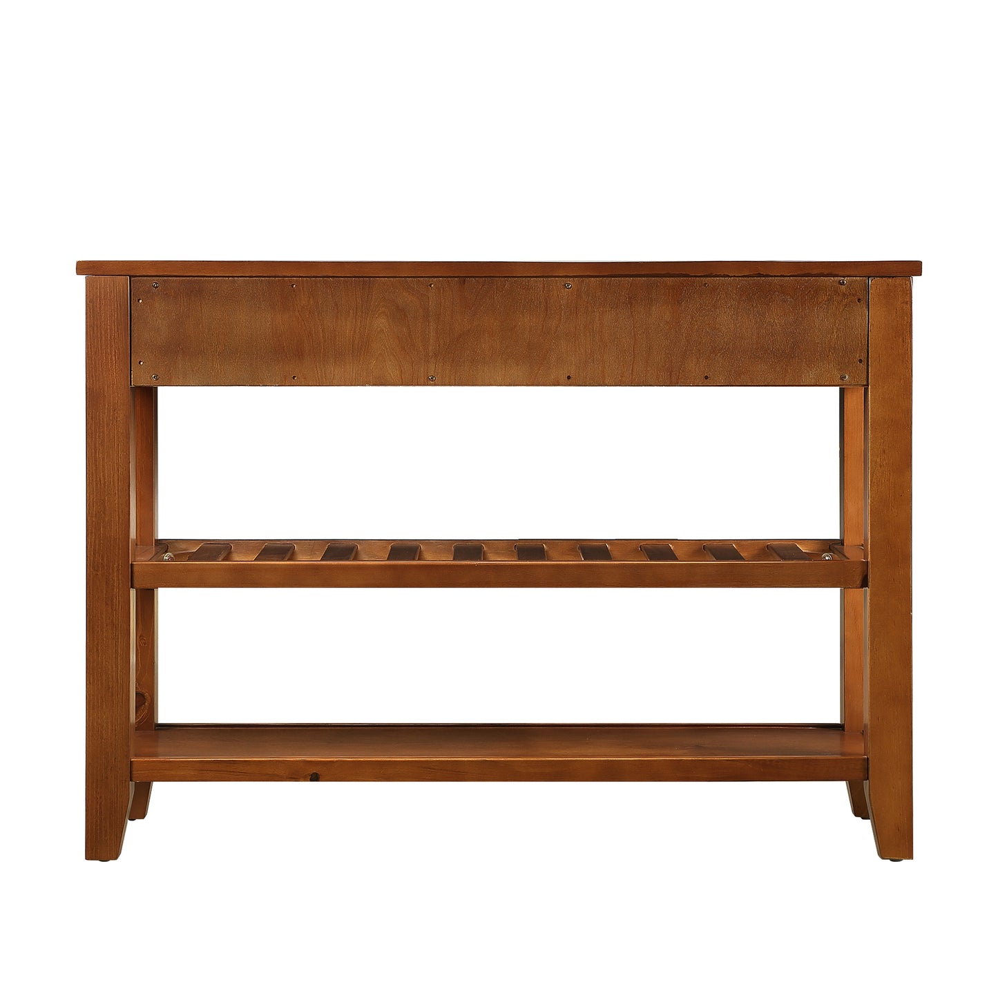 Brown wooden console table with two shelves and wine rack slots