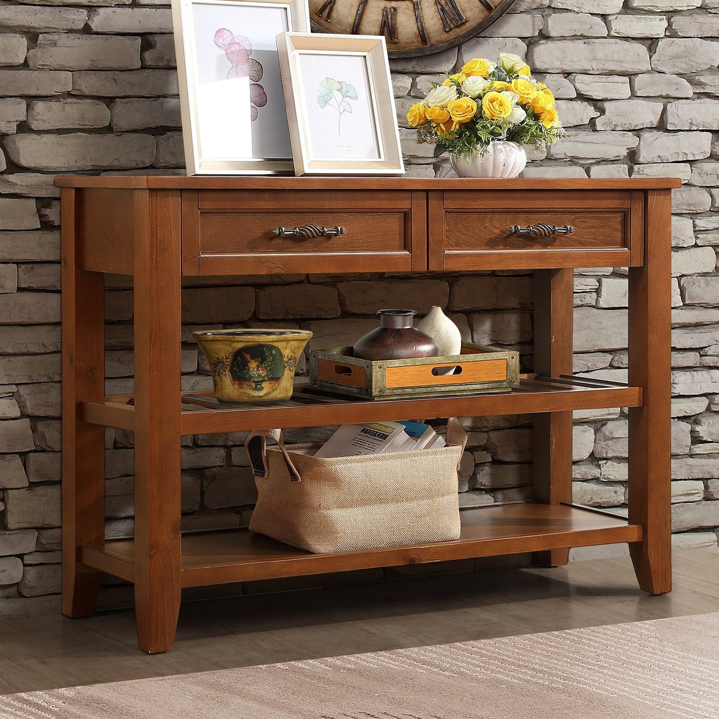 Rich brown wood console table with two drawers and open shelves featuring decorative handles