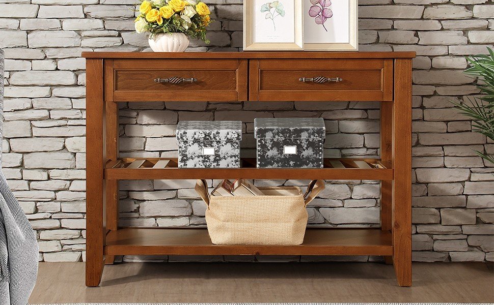 Ornate wooden console table with two drawers and lower shelves perfect for entryways