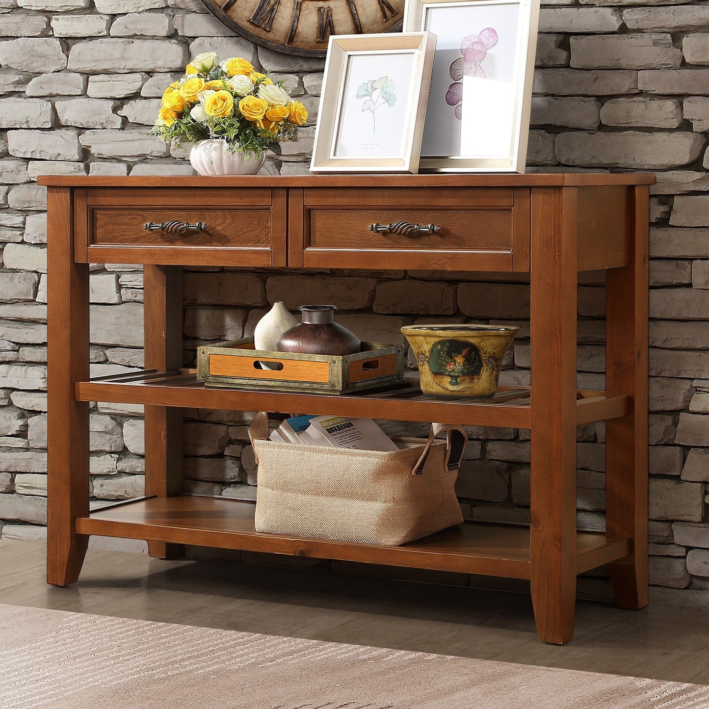 Rustic brown wood console table with two drawers and two open shelves