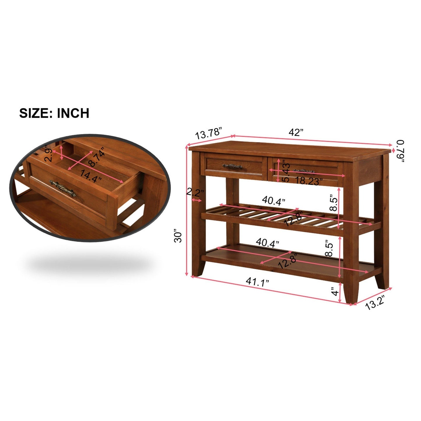 Wooden console table with two drawers and open shelving for storage and display