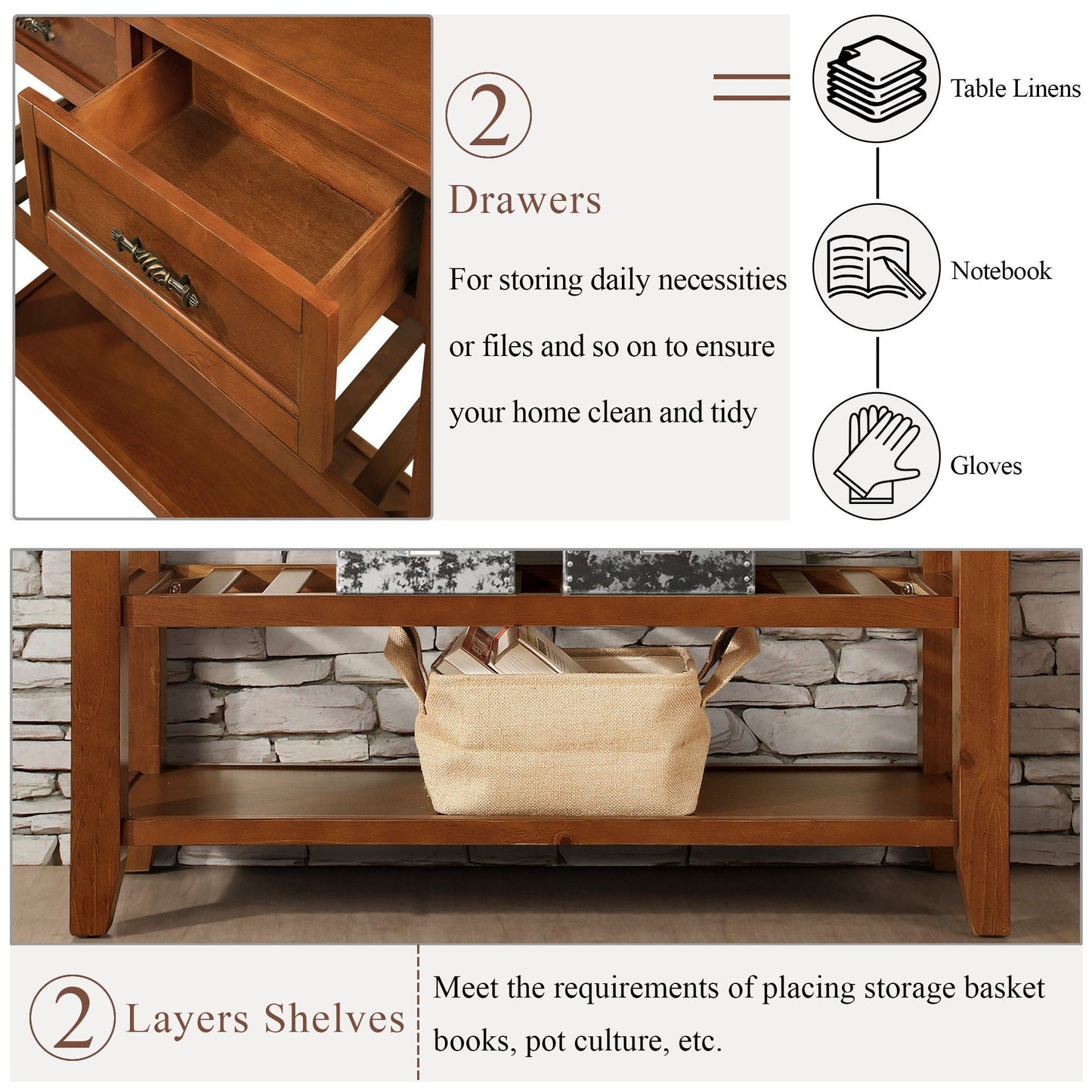 Open wooden drawer with ornate brass pull showcasing interior for storage