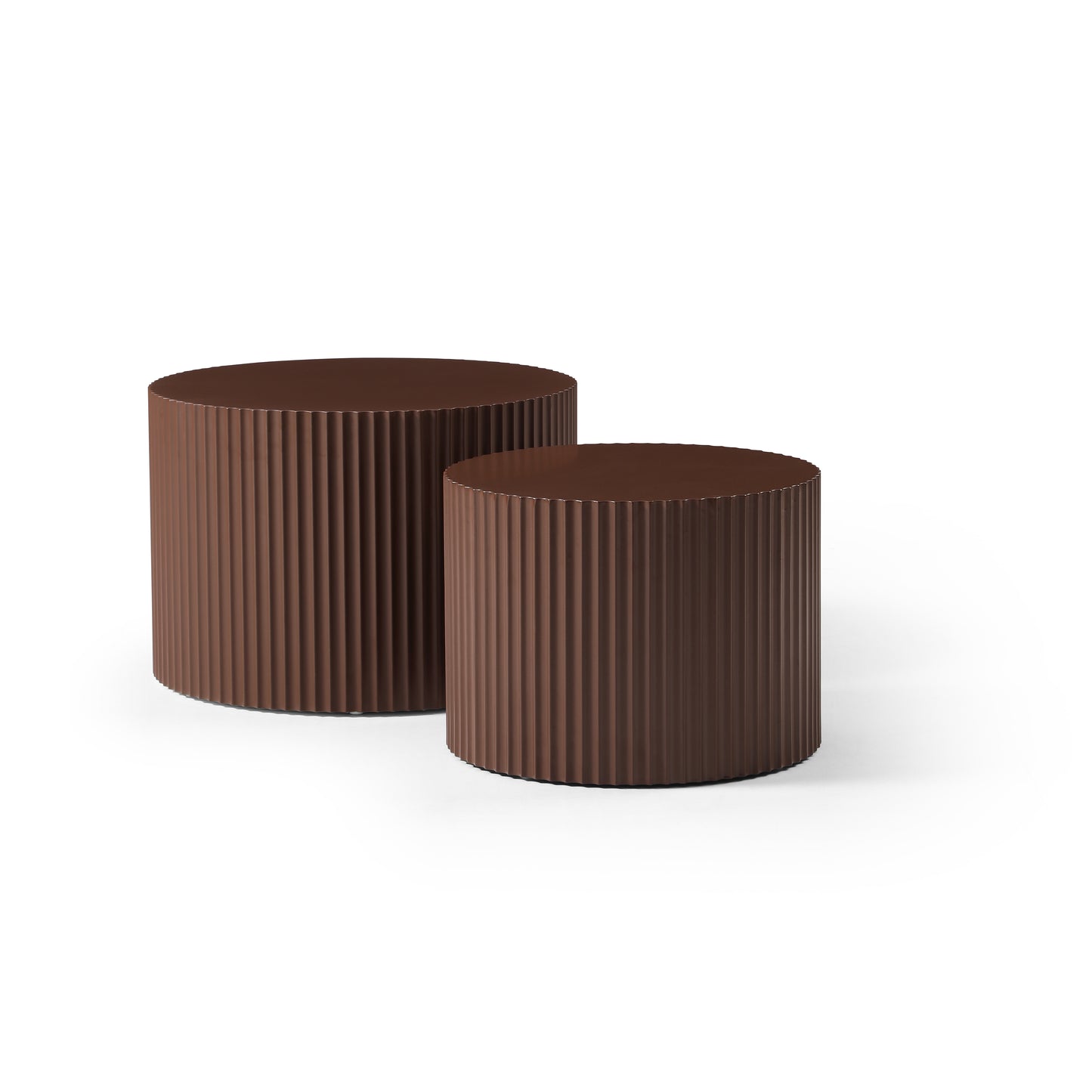 Two brown cylindrical side tables with ribbed texture
