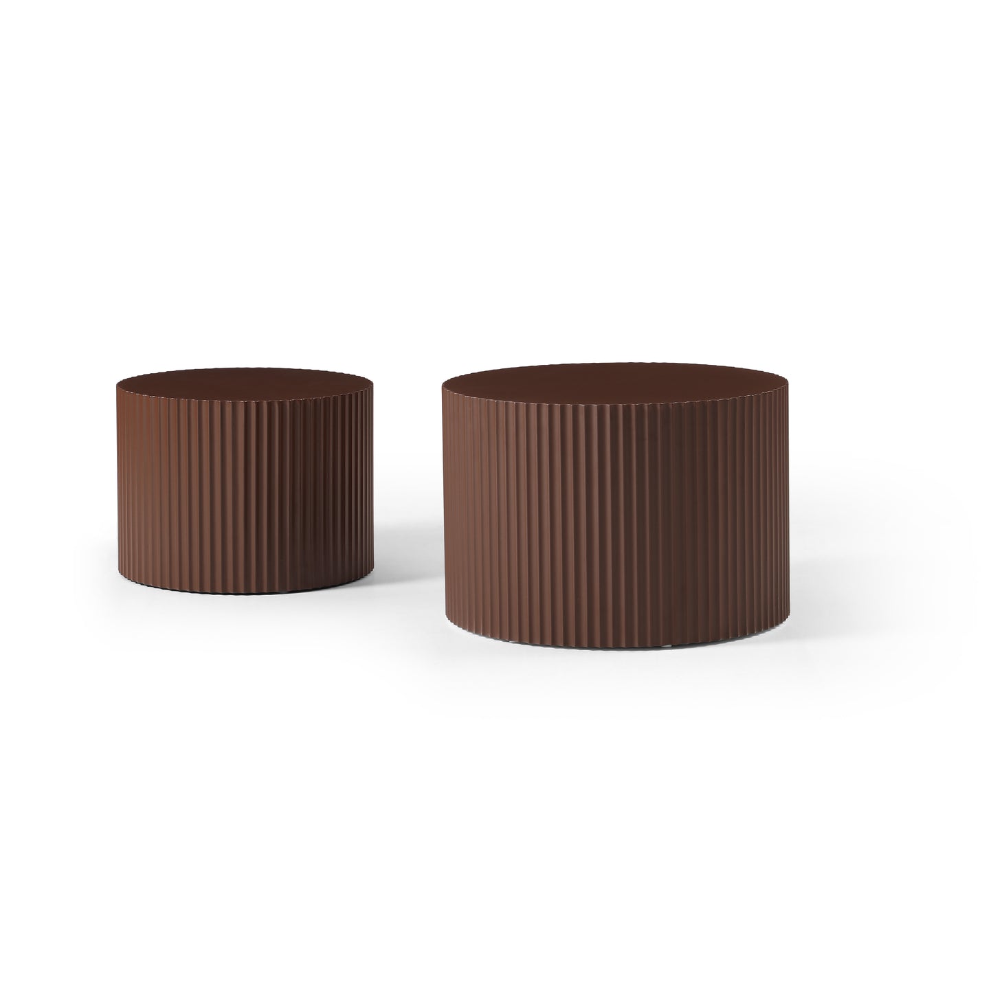 Two ribbed cylinder coffee tables in dark brown one smaller than the other