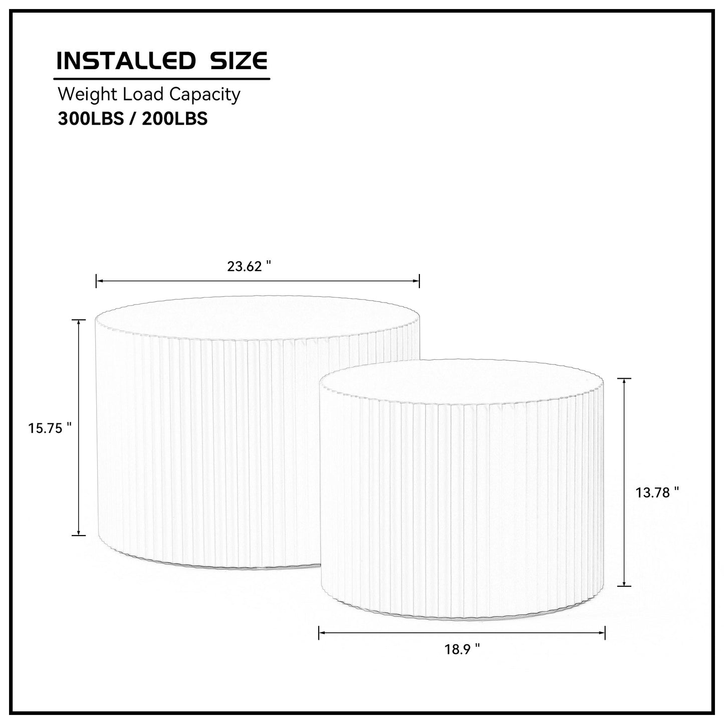 Diagram showing two fluted cylindrical ottomans with dimensions x and x