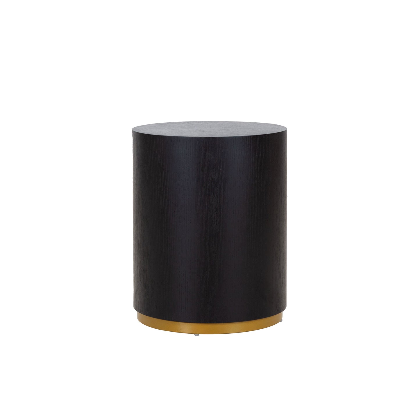 Dark oak cylinder side table with a brushed gold base