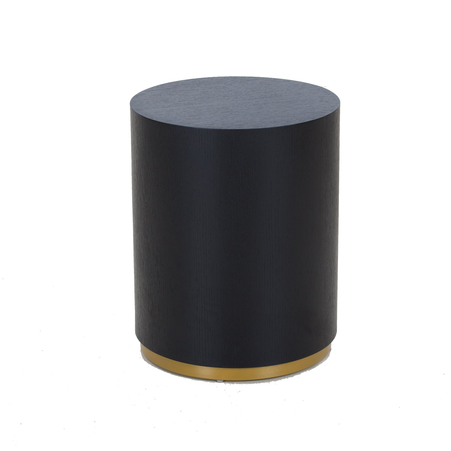 Black wooden cylinder ottoman with gold base accents