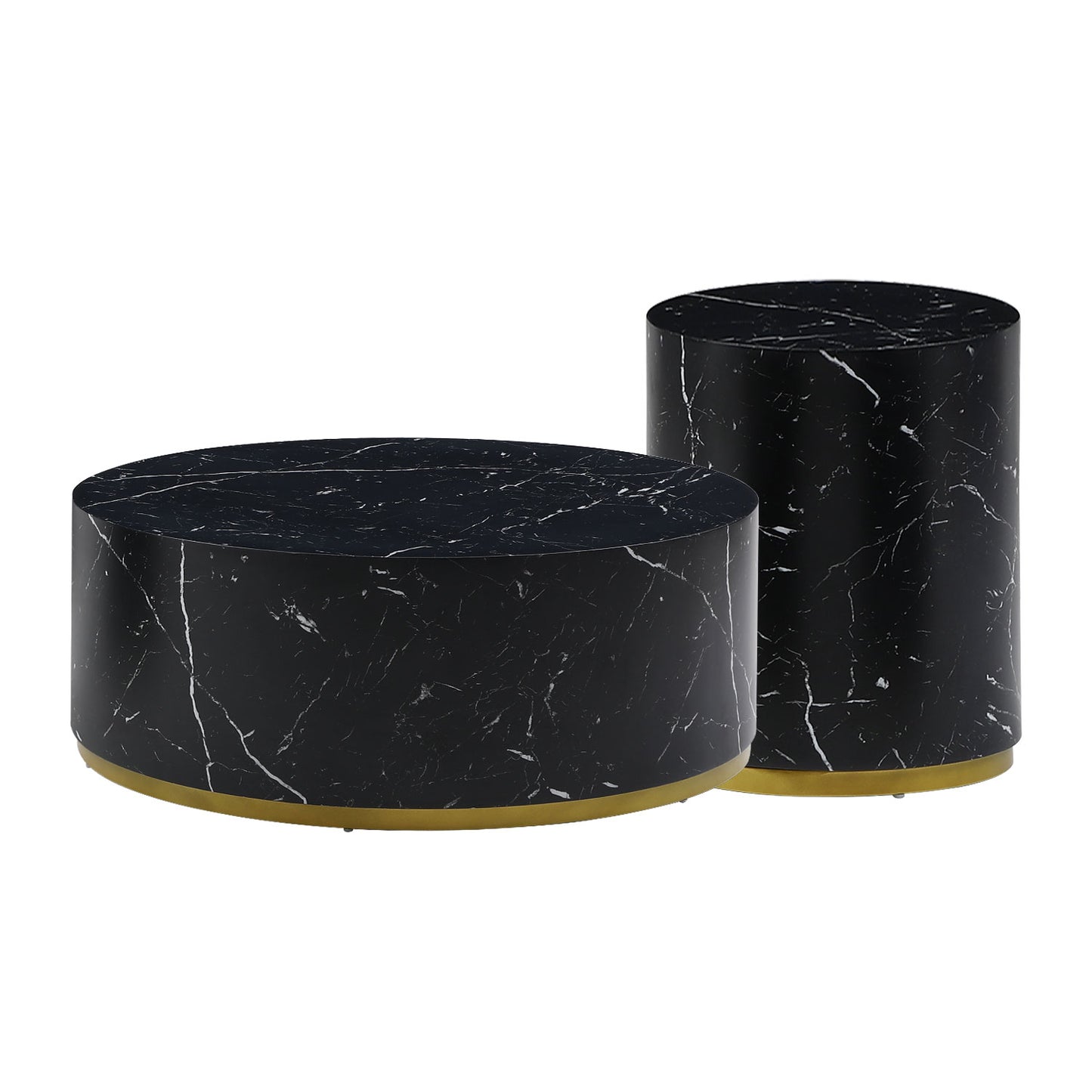 Black marble nesting tables with gold accents cylindrical design