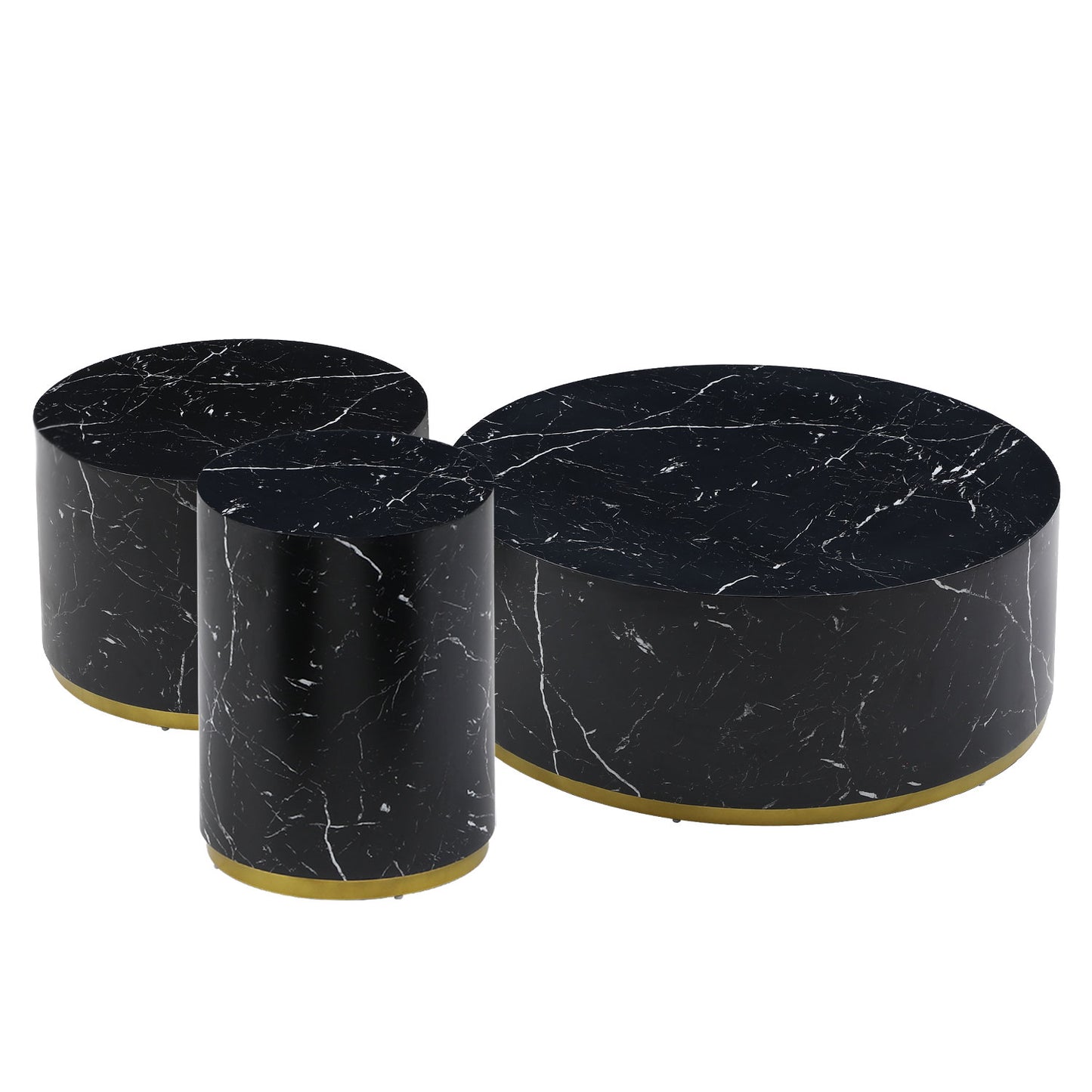 Set of three black marble nesting tables with gold accents