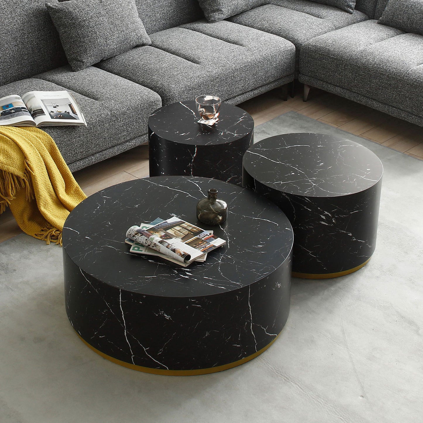 Black marble nesting coffee tables with gold accents modern living room accent furniture