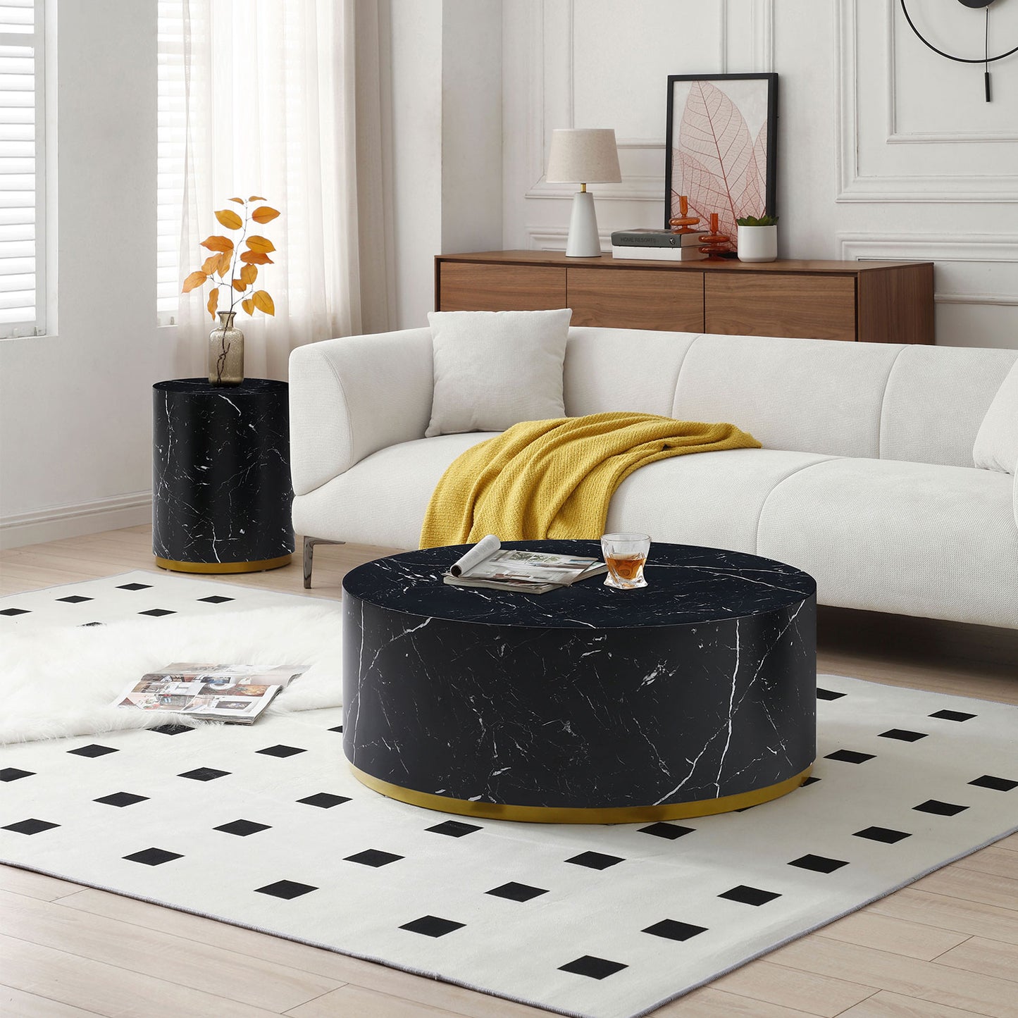 Black marble round coffee table with gold base modern living room accent piece