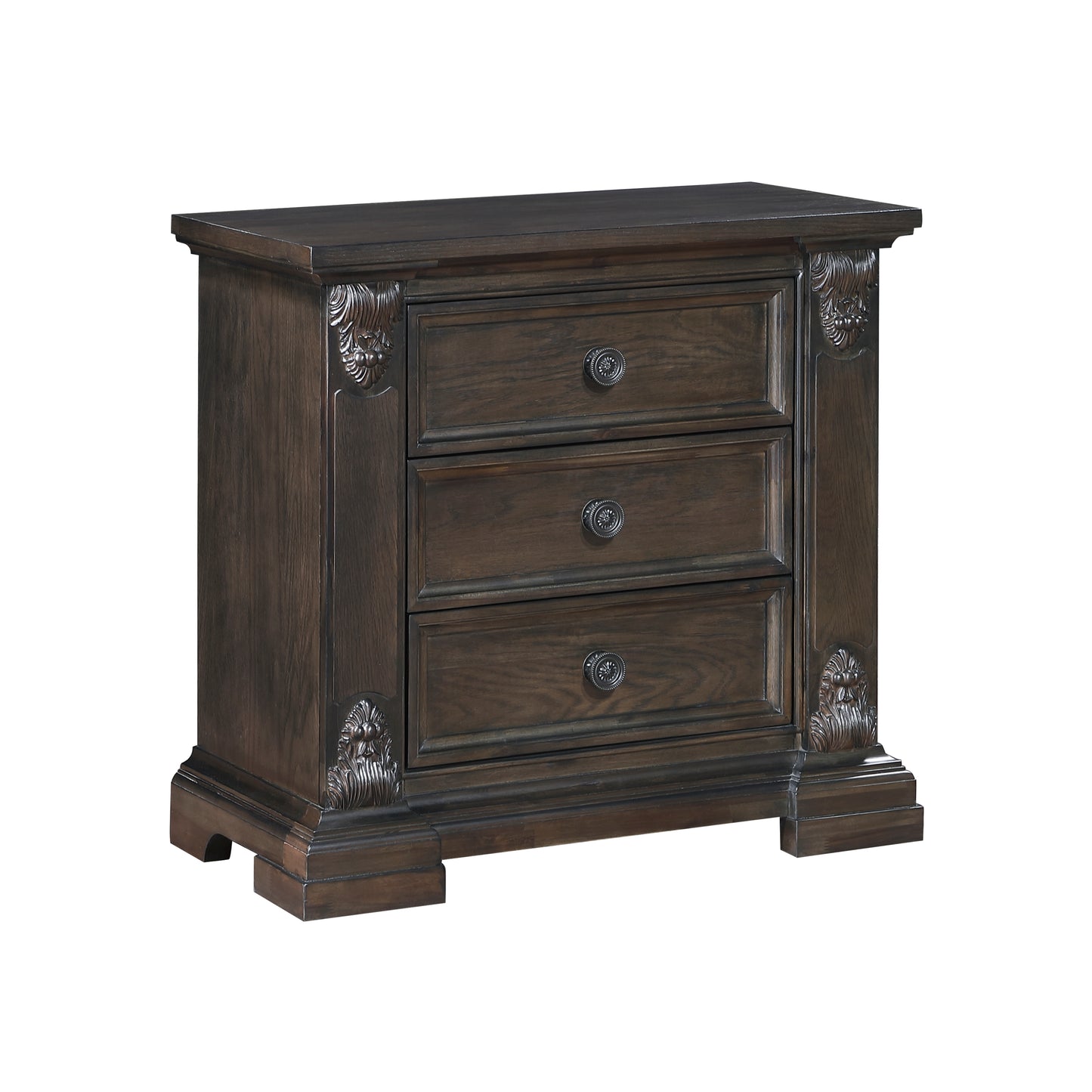 Dark brown wood nightstand with three drawers and ornate carvings
