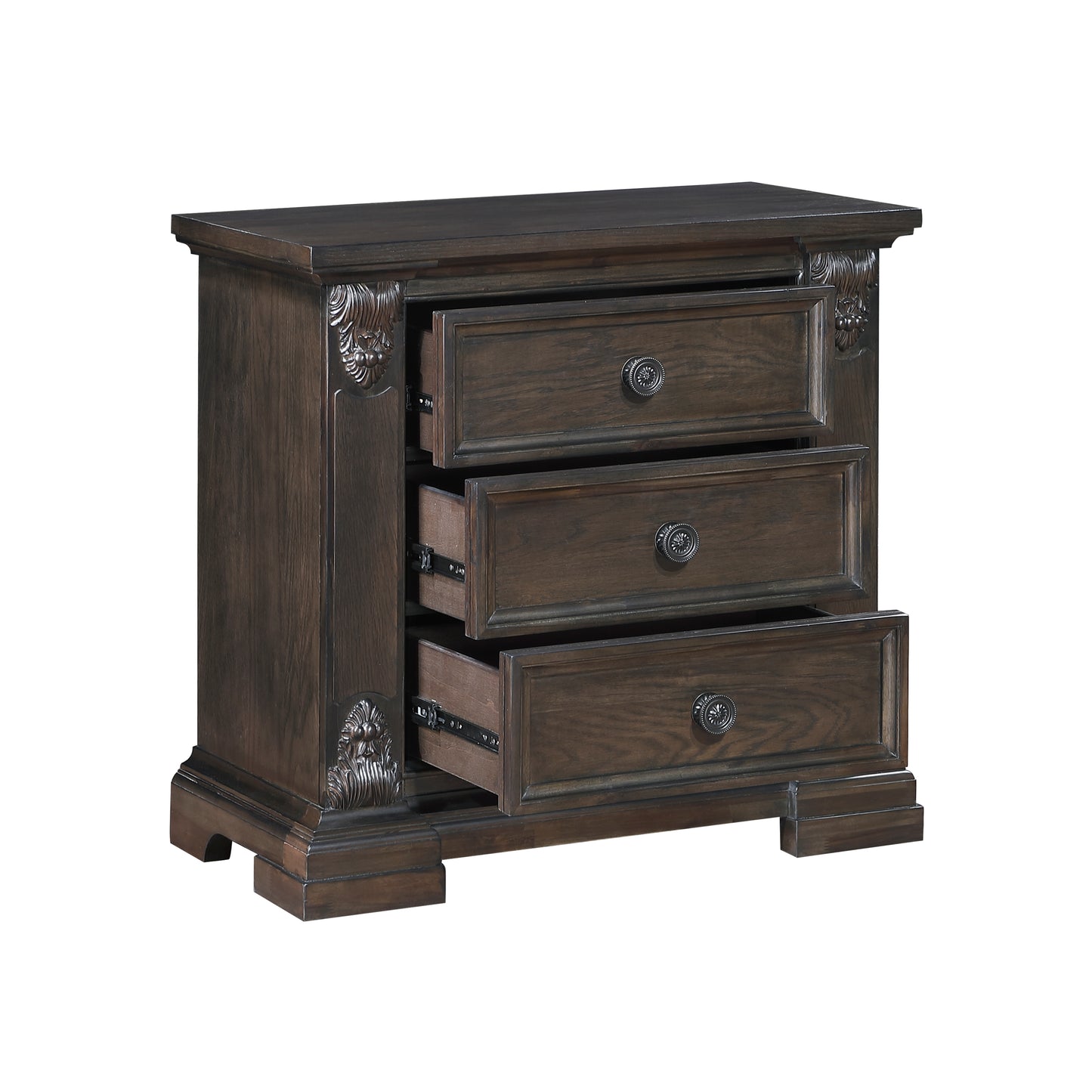 Dark wood threedrawer nightstand with ornate carved details and brass knobs
