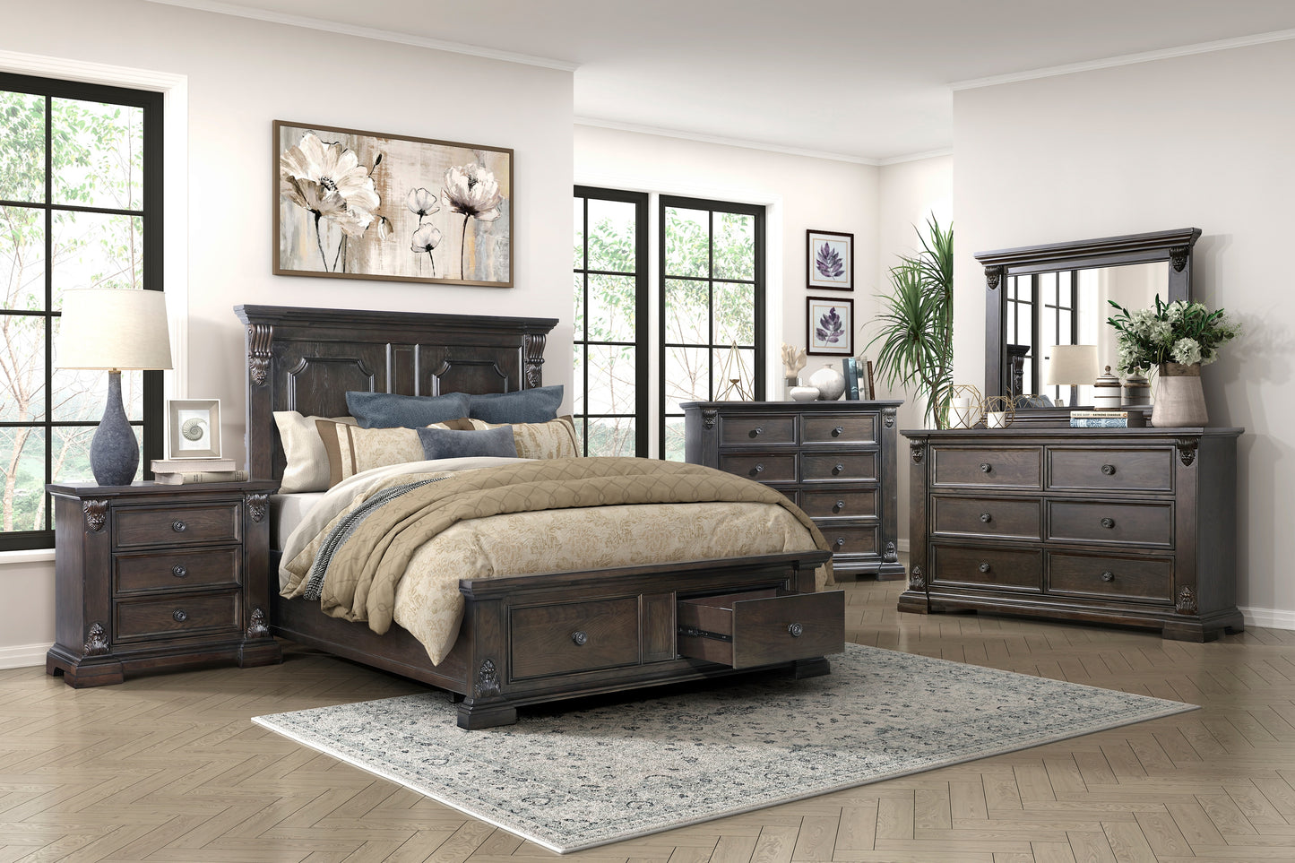 Dark wood ornate kingsize bed with storage drawers and plush bedding