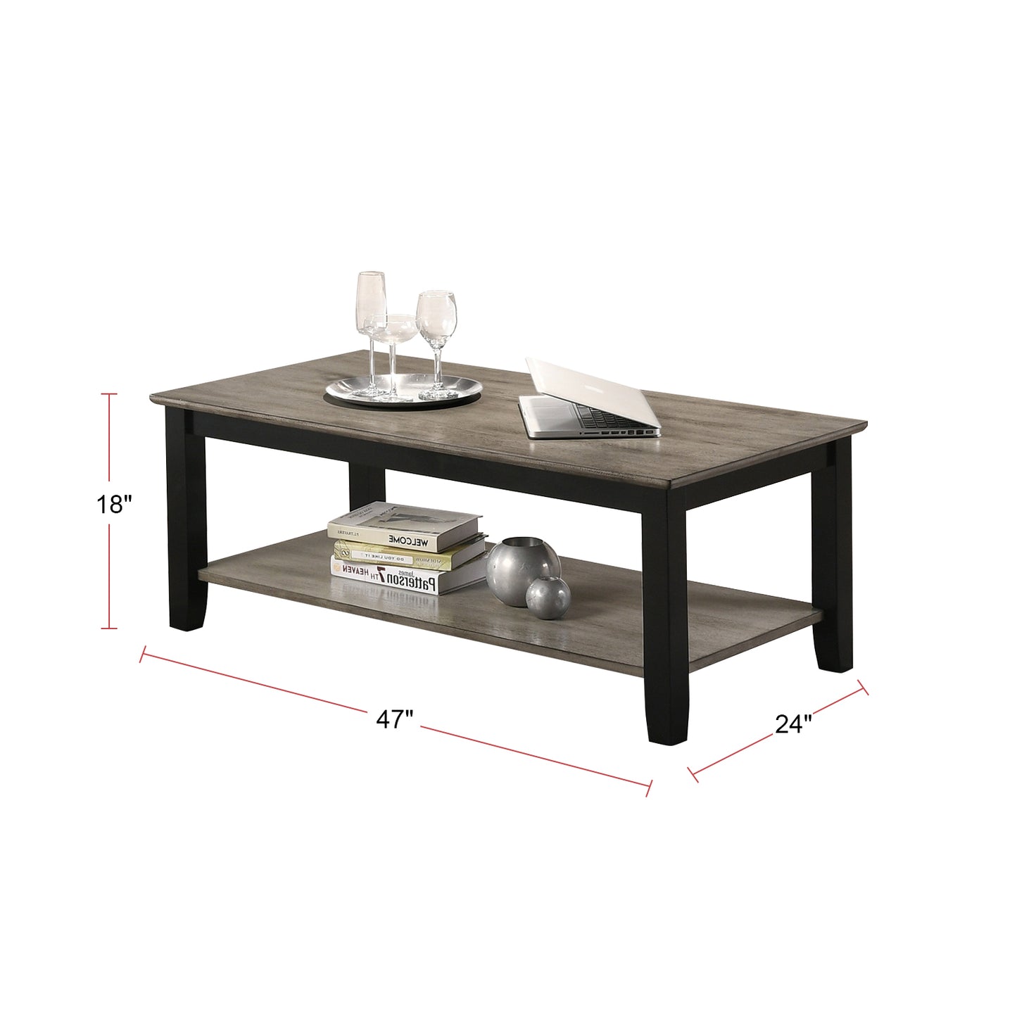 Rustic grey wood coffee table with black legs and lower shelf for books