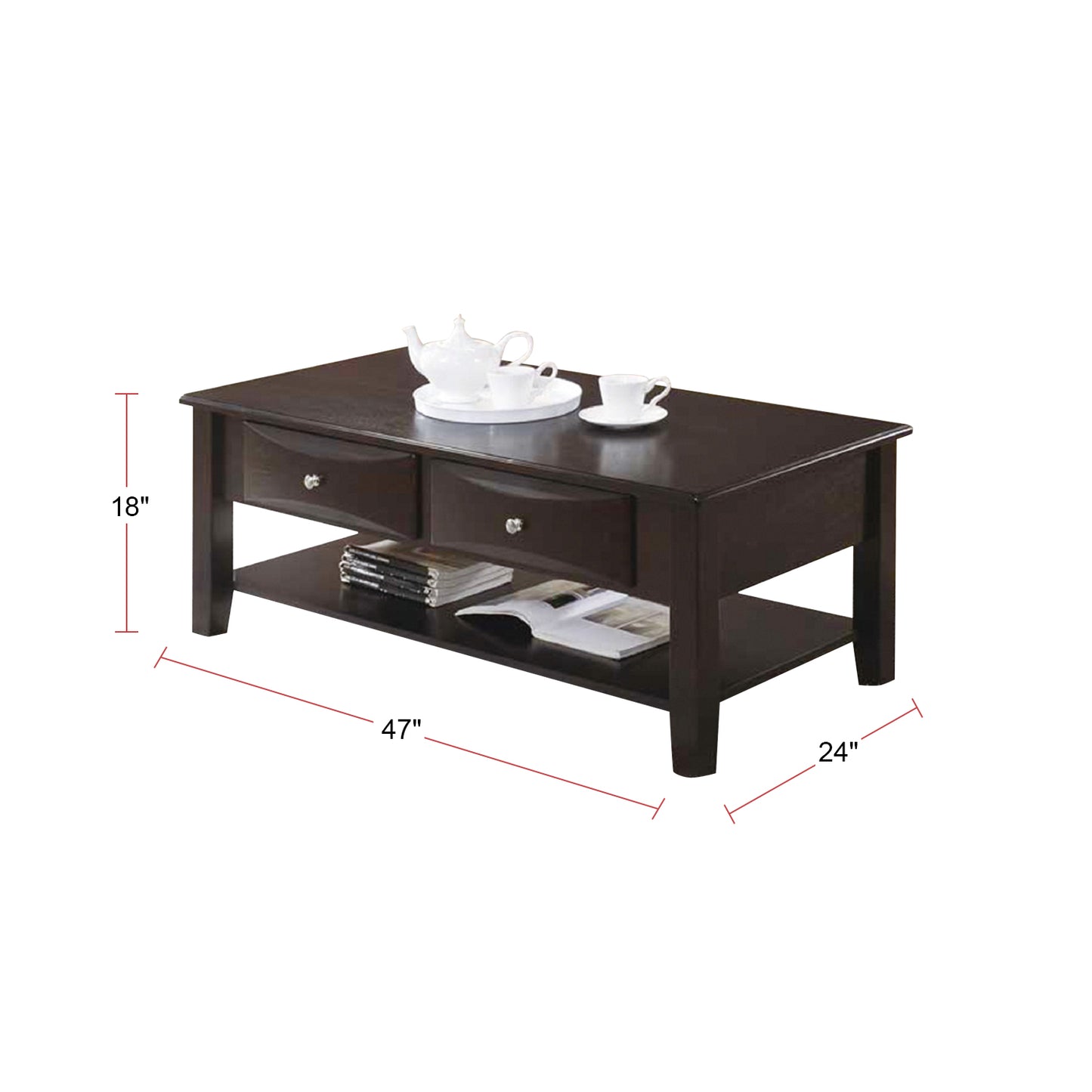 Dark brown wooden coffee table with two drawers and a lower shelf for storage