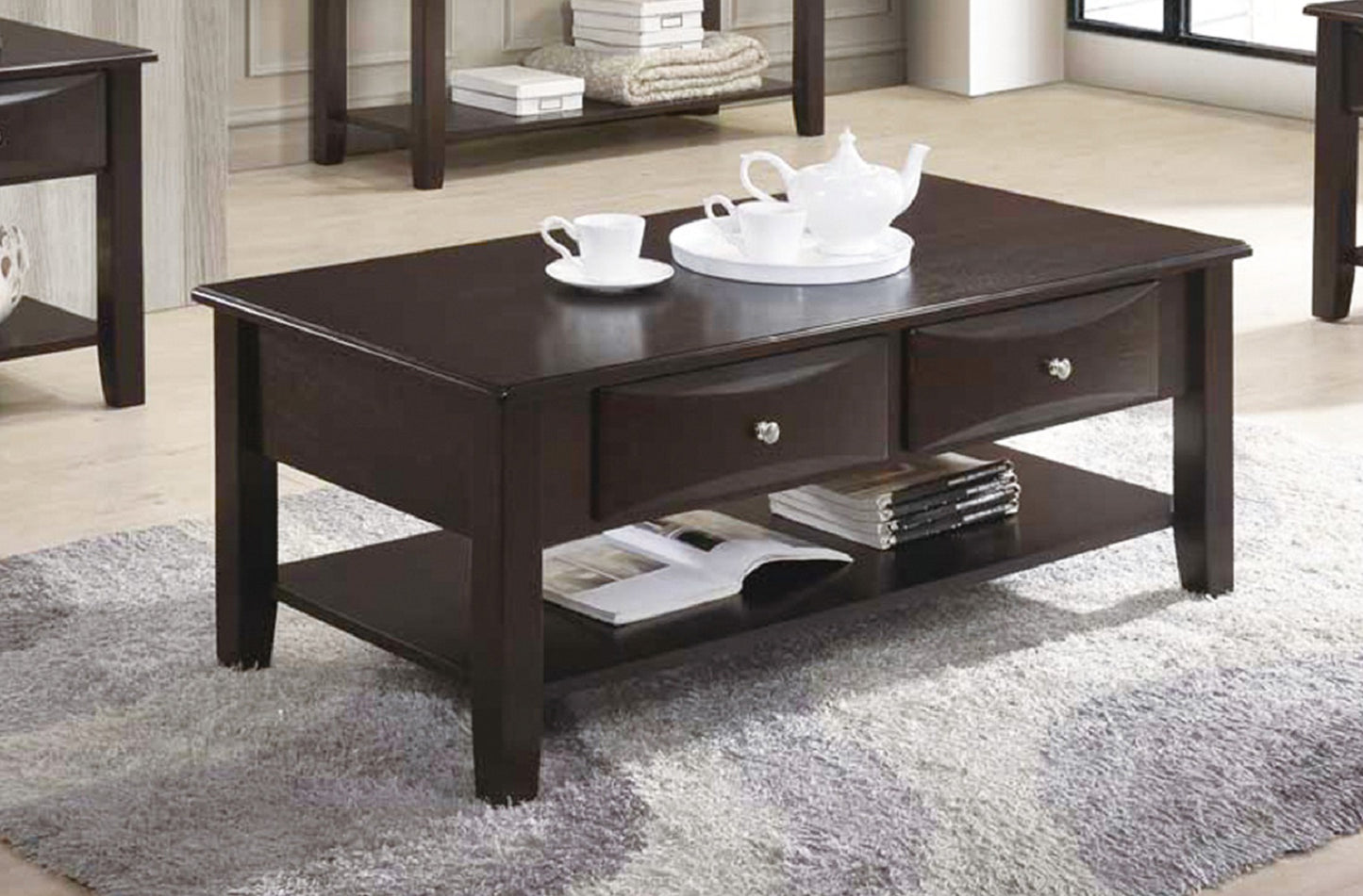 Dark brown wood coffee table with two drawers and a lower shelf perfect for living rooms