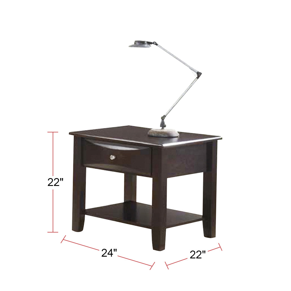 Dark brown wood end table with drawer and shelf H x W