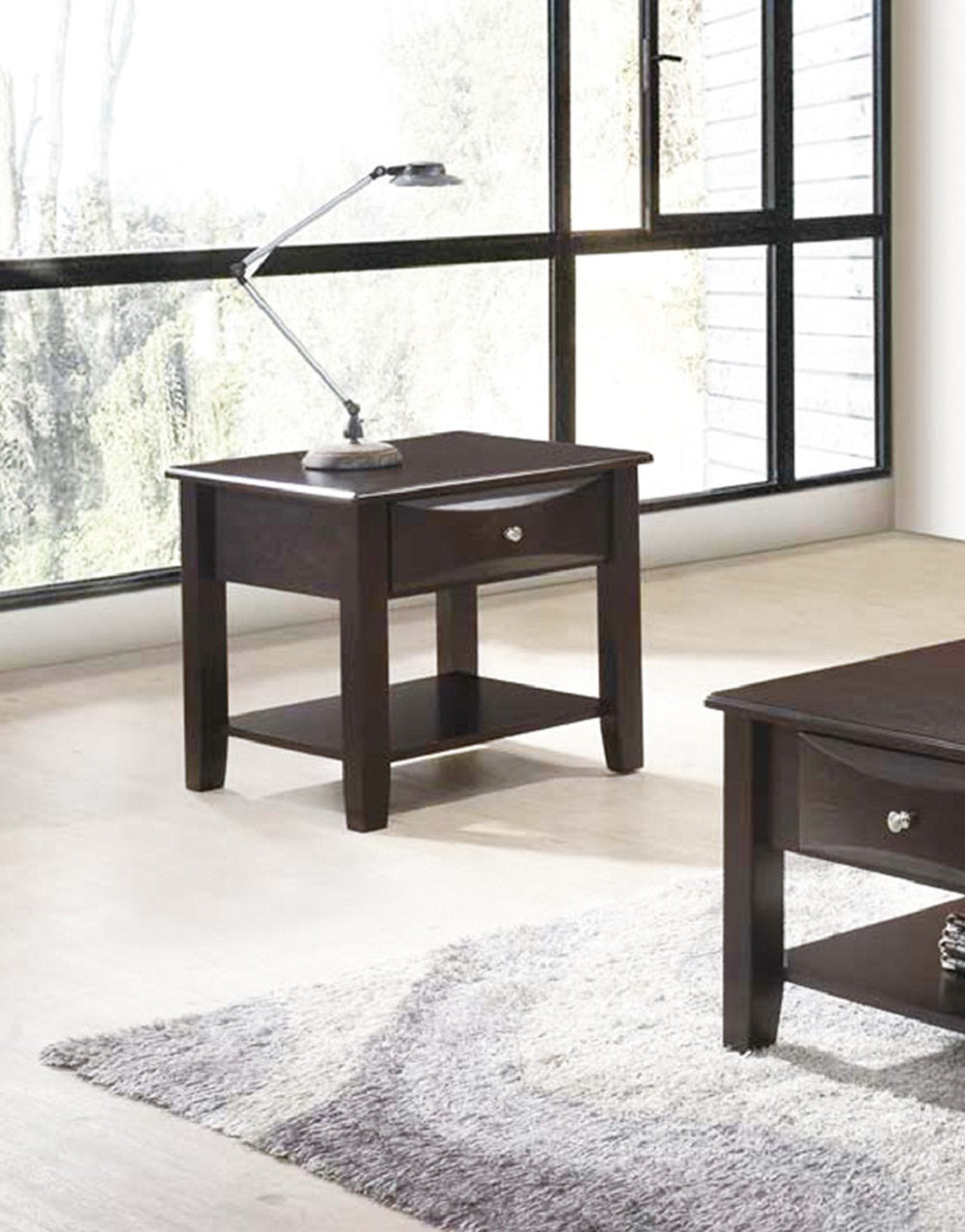 Dark brown wooden end table with a drawer and lower shelf perfect for living rooms