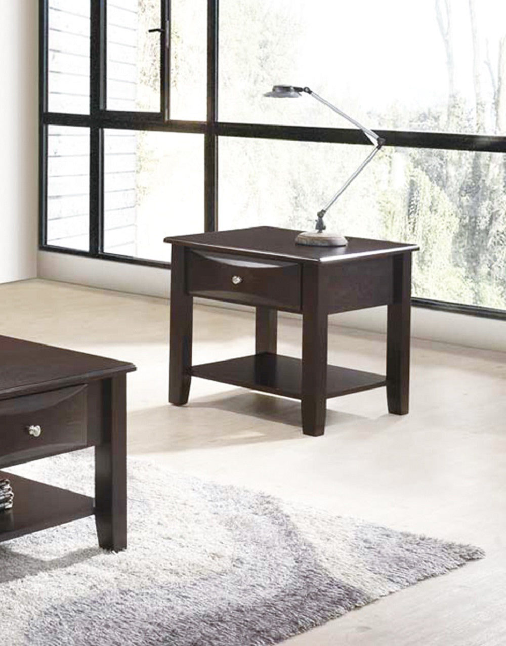 Dark wood end table with single drawer and lower shelf modern design accent piece
