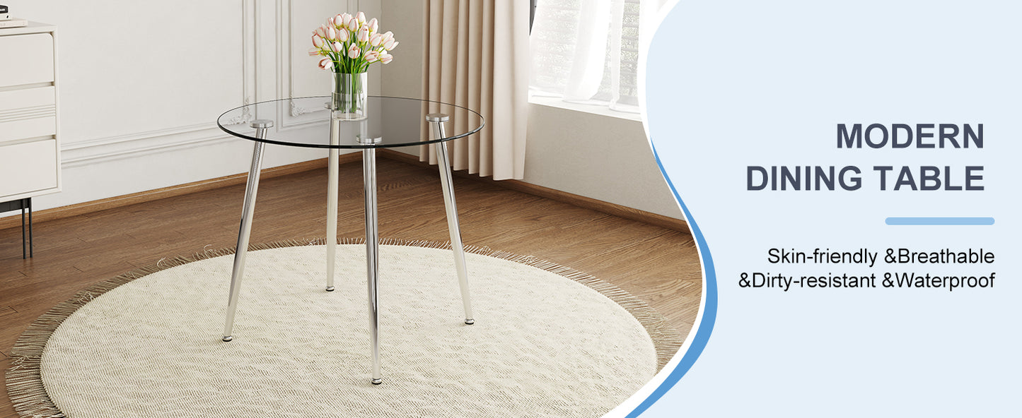 Clear glass round dining table with chrome legs