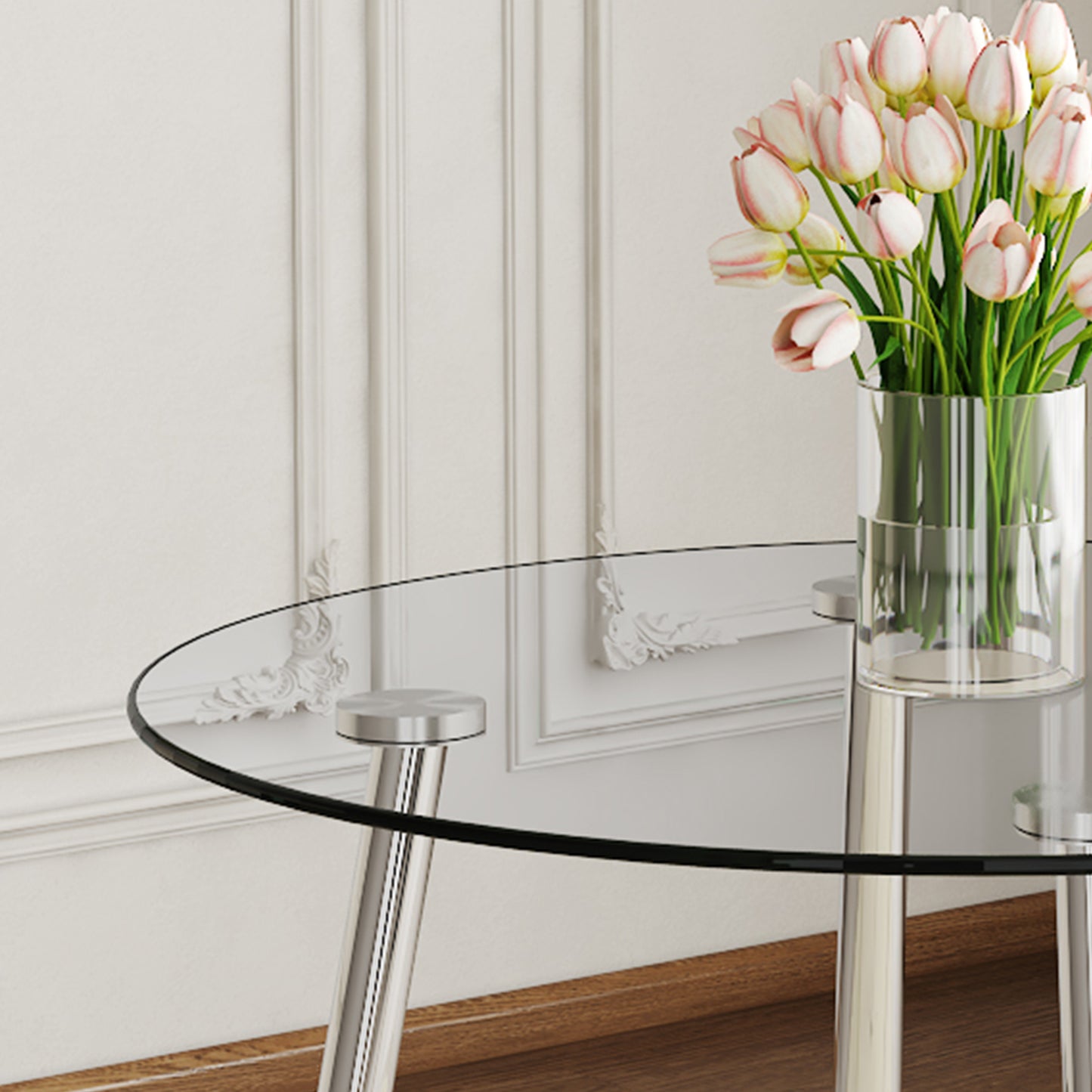 Sleek glass coffee table with chrome legs perfect for modern living rooms