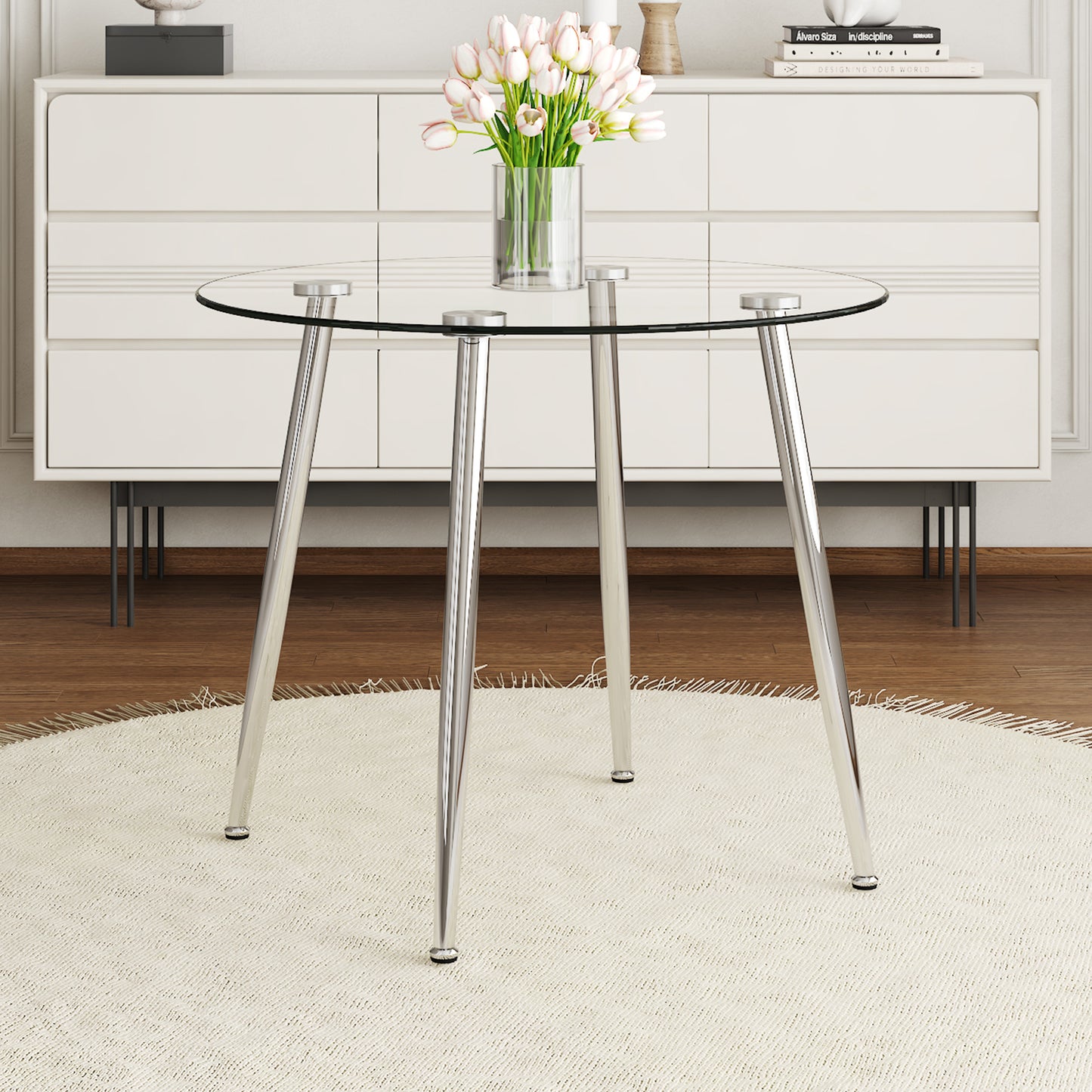 Round glass dining table with chrome legs
