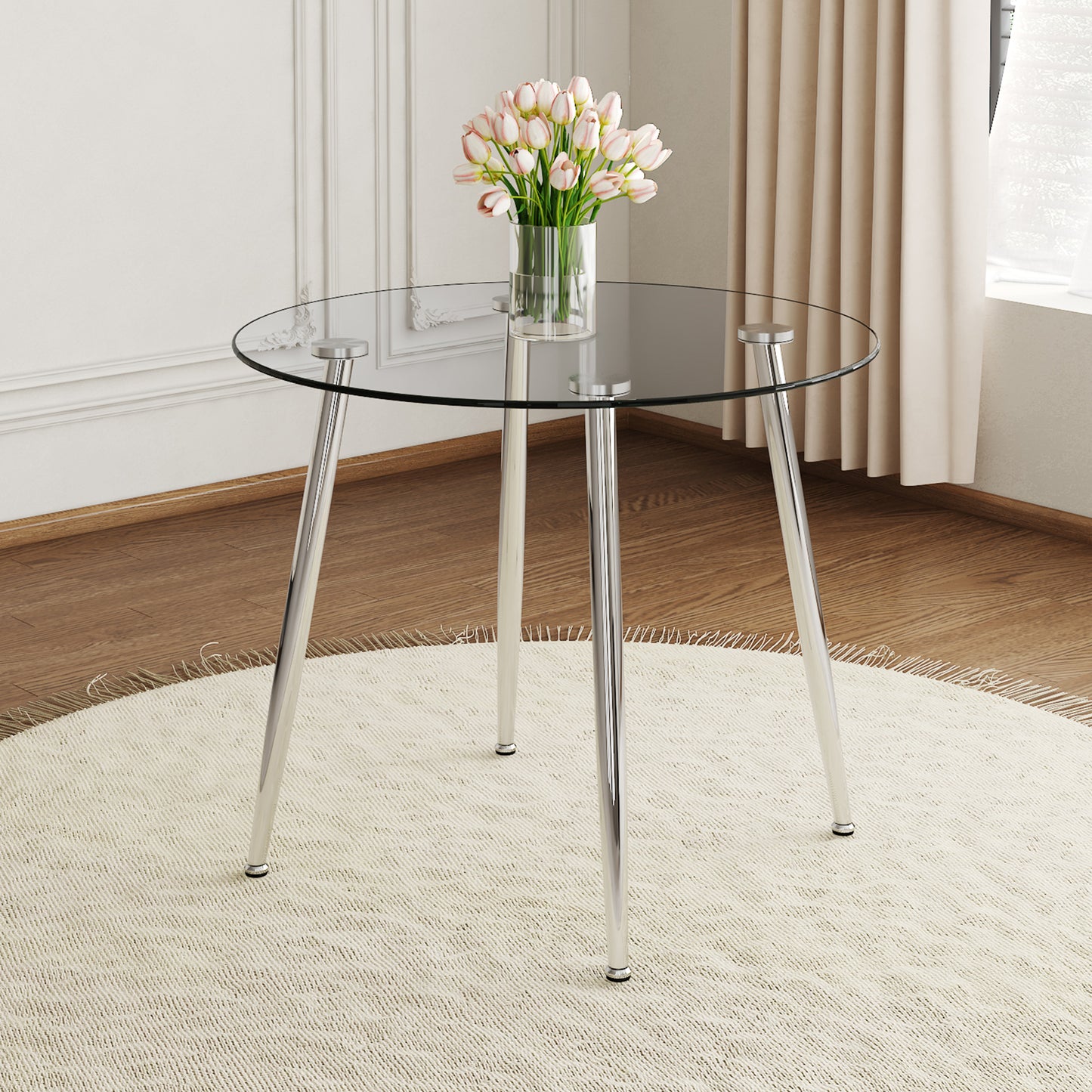 Round glass top dining table with chrome legs