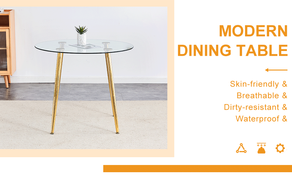Round glass top dining table with sleek gold legs