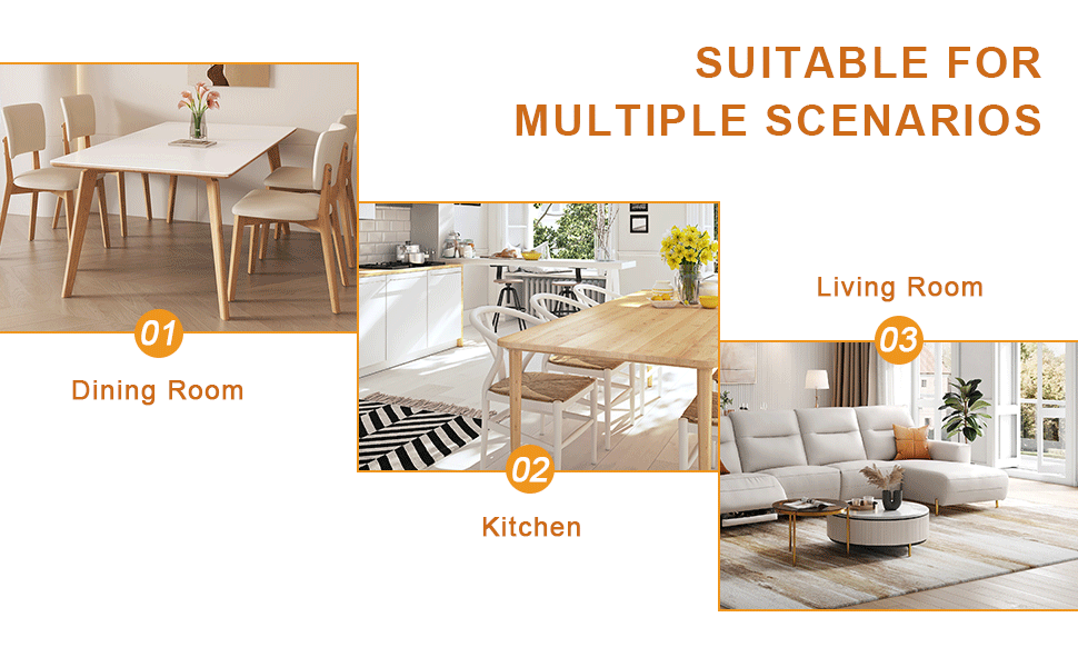 Modern white dining table with light wood legs and beige chairs for a dining room setting