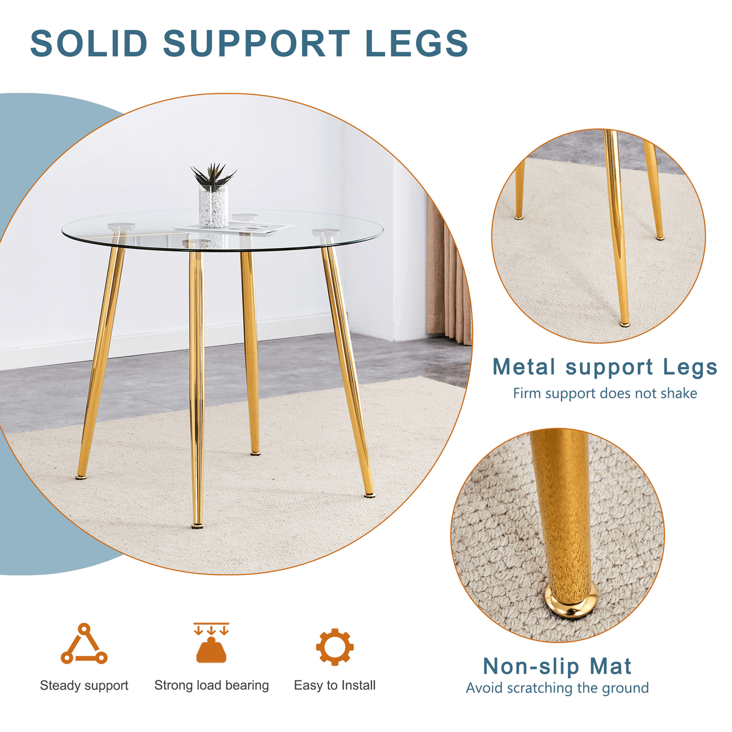 Round glass tabletop with gold metal support legs