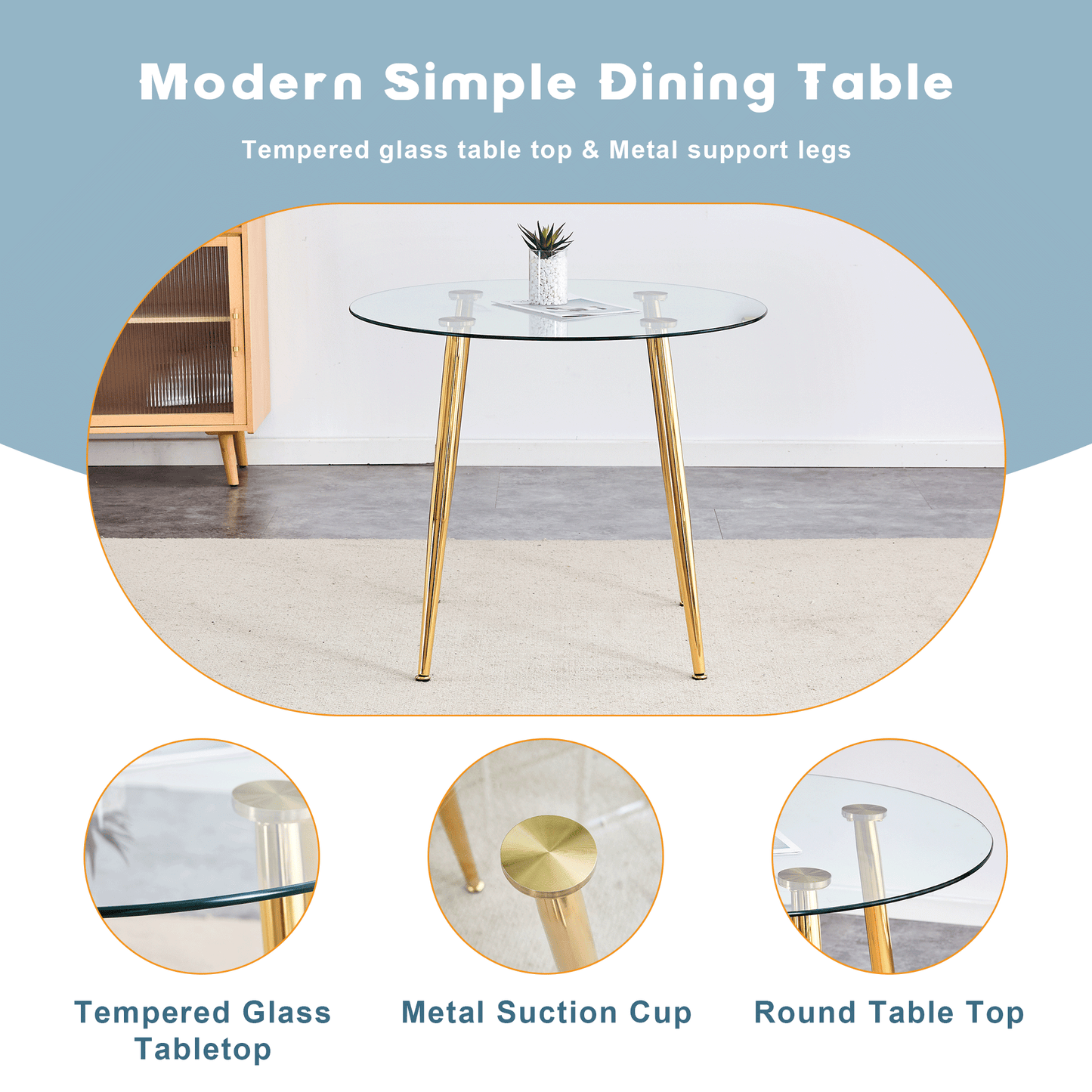 Modern round dining table with tempered glass top and gold metal legs