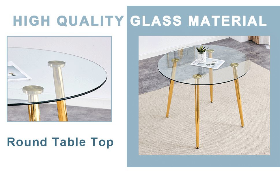 Elegant round glass table with gold metal legs
