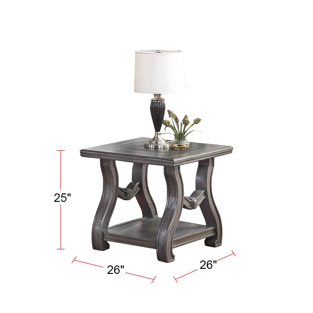 Gray wooden end table with a shelf and decorative legs xx inches
