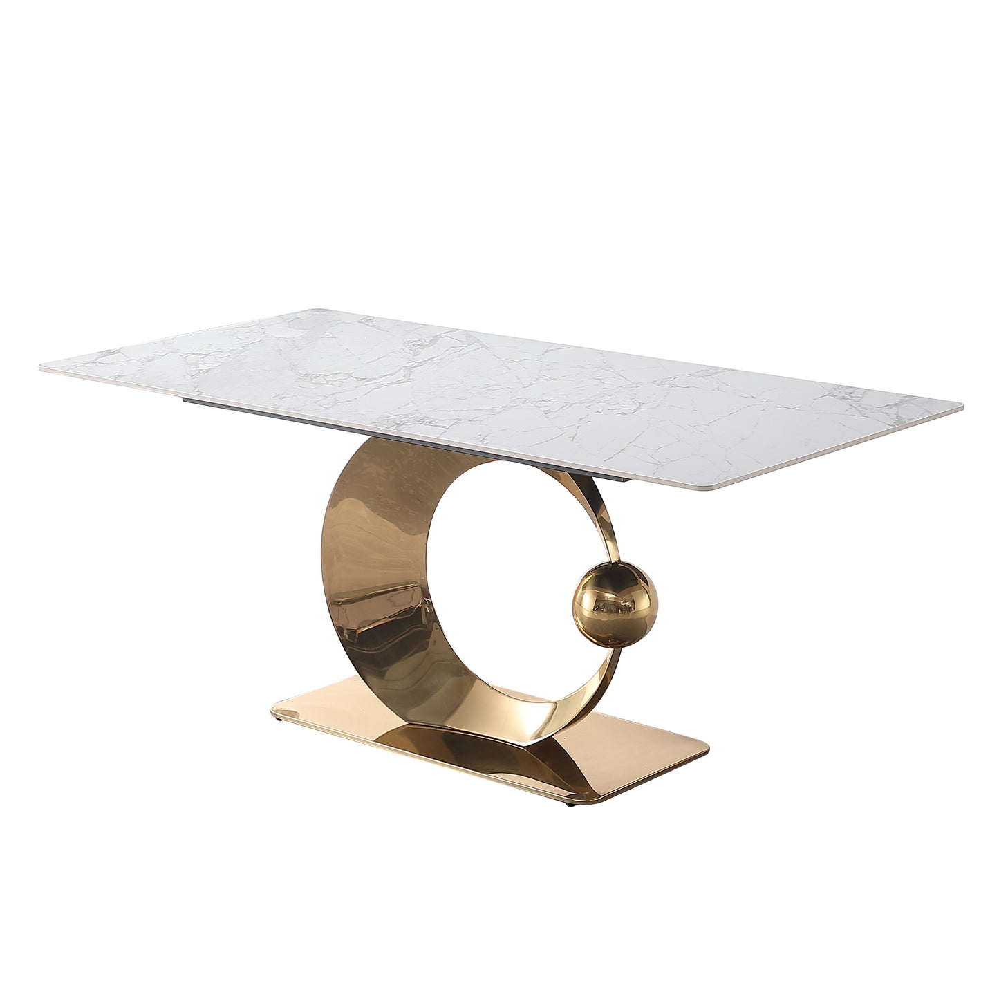 Modern marble top dining table with a unique gold crescent base and sphere accent