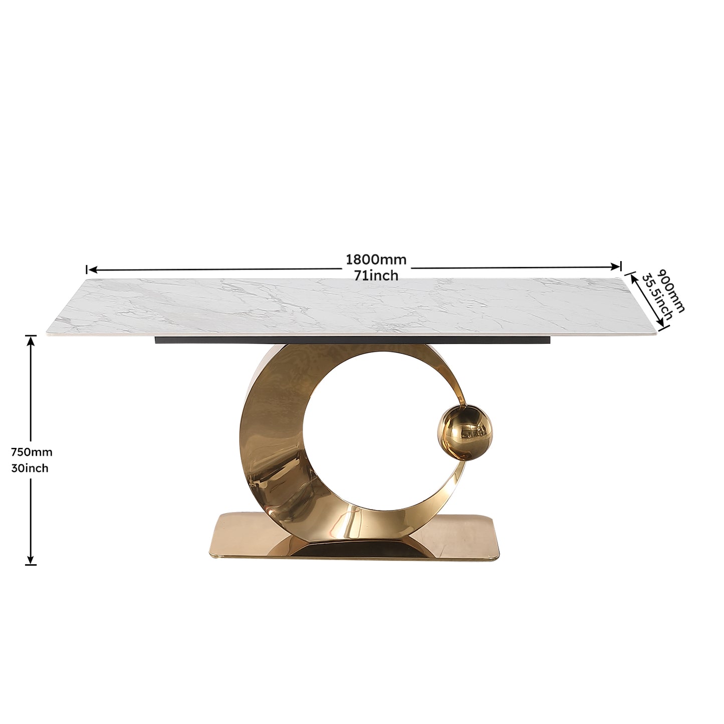 Modern dining table with white marble top and gold abstract base inches
