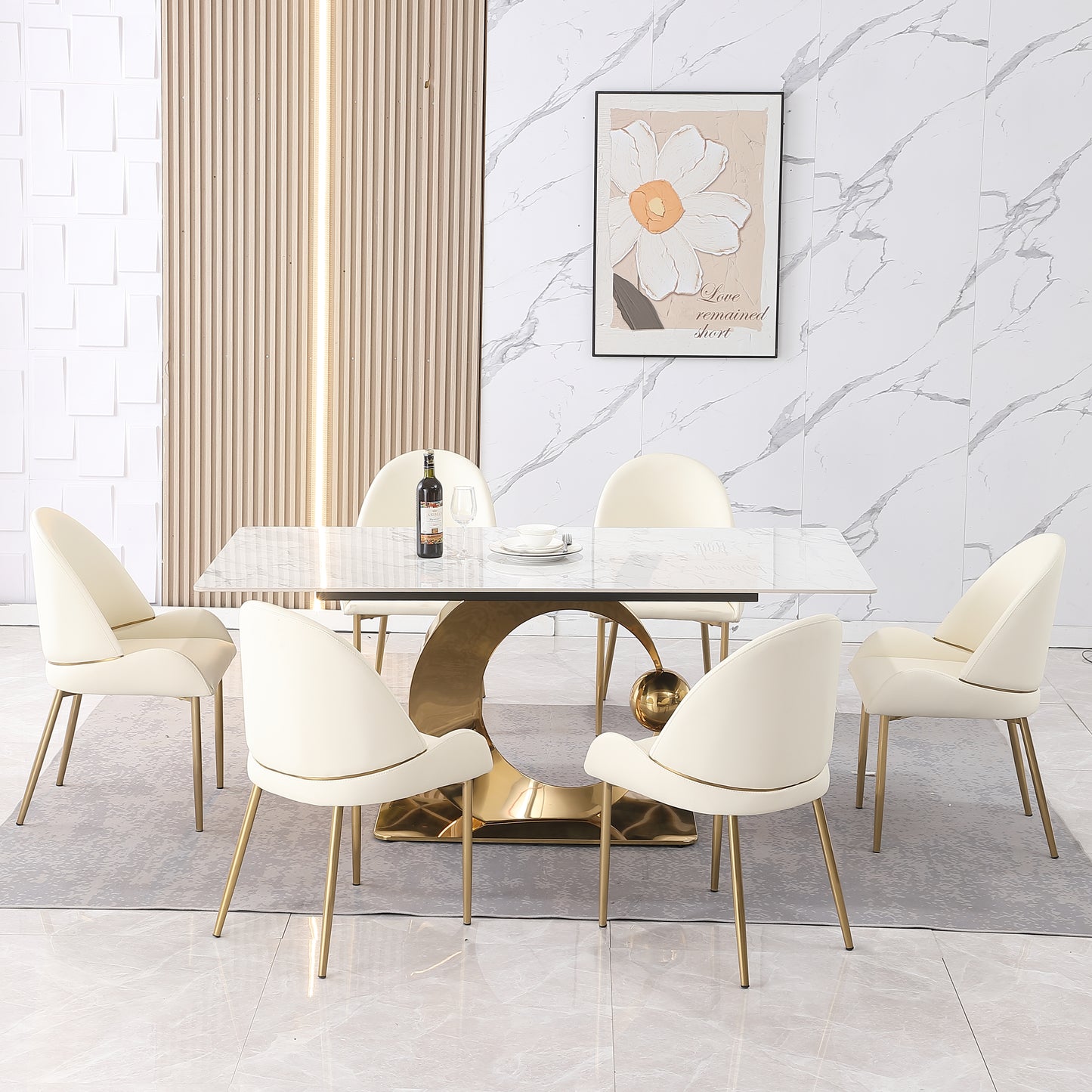 Cream velvet dining chairs with gold legs and modern marble table