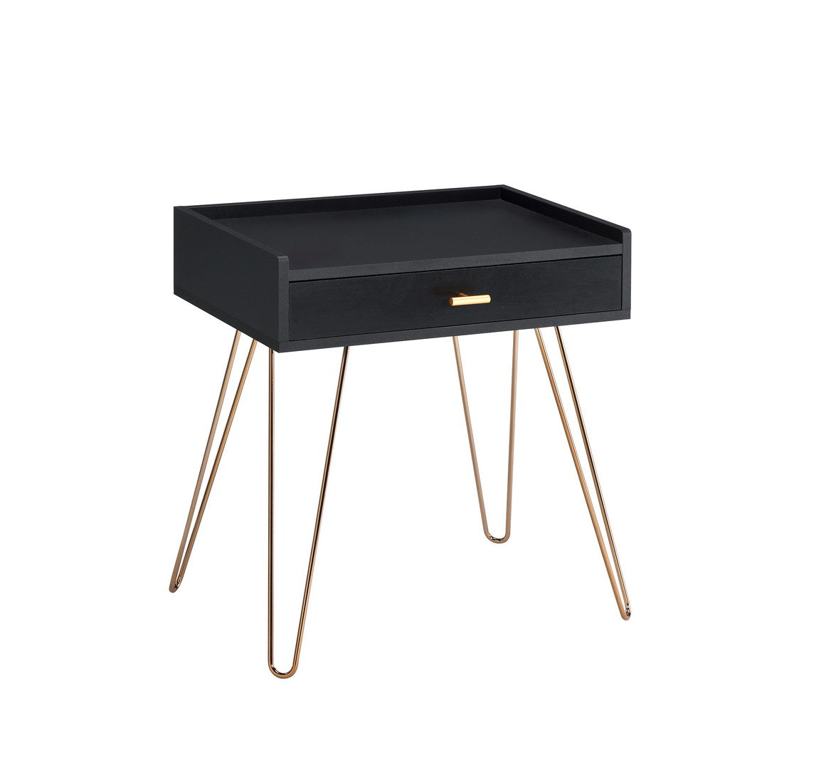 Modern black end table with gold hairpin legs and one drawer