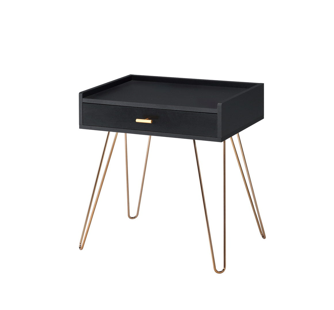 Modern black accent table with single drawer and gold hairpin legs