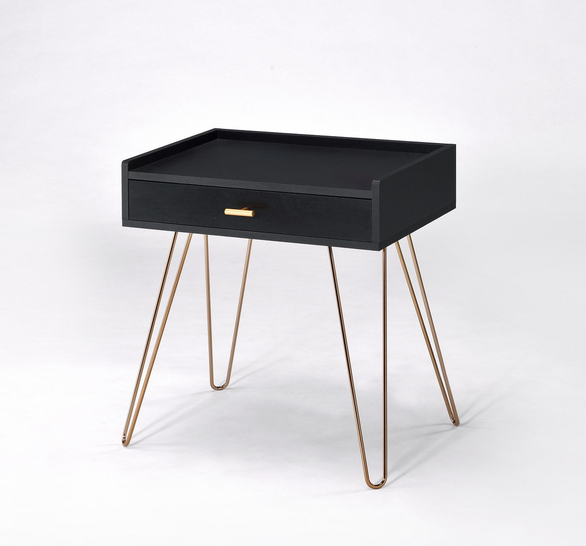 Black wooden nightstand with gold hairpin legs and one drawer