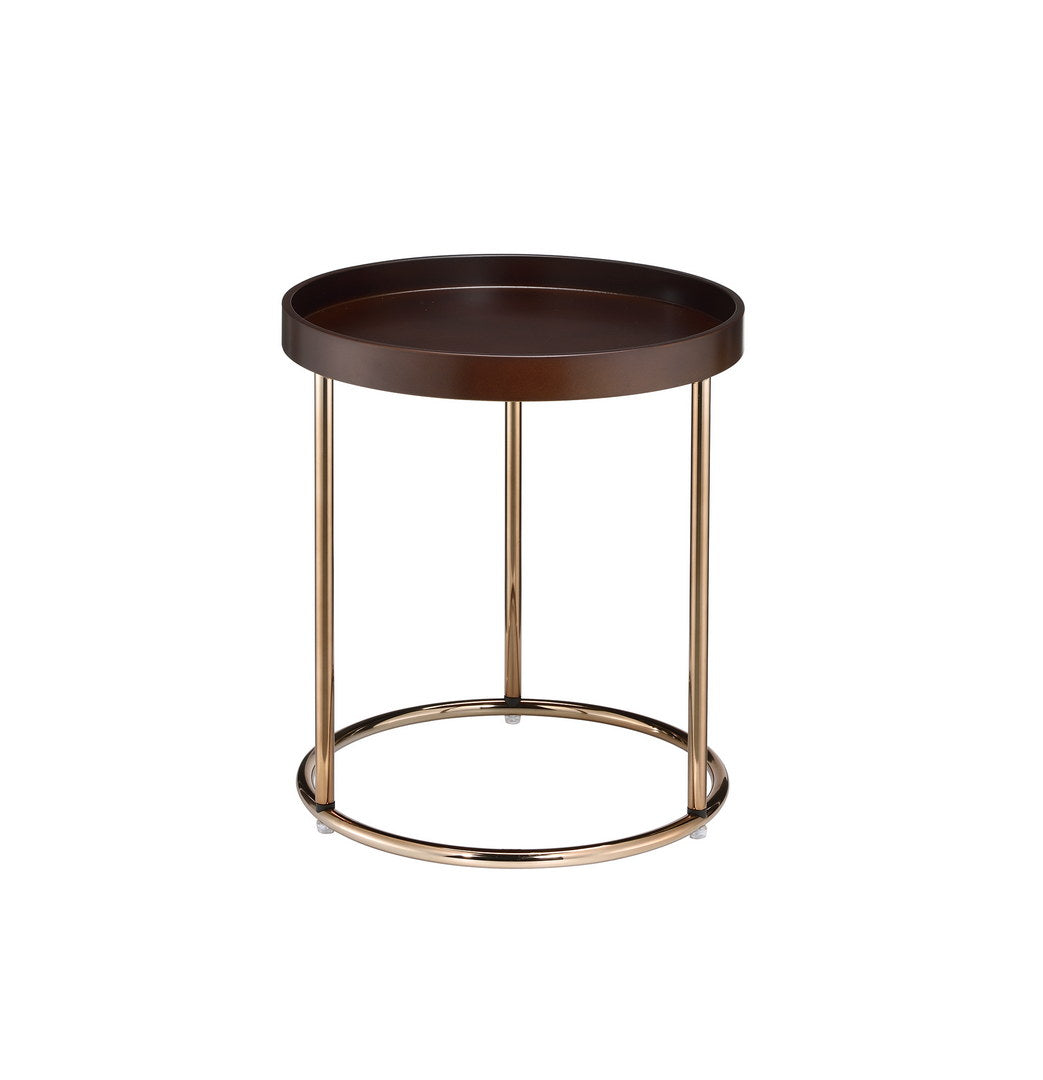 Round dark wood end table with gold metal legs and base