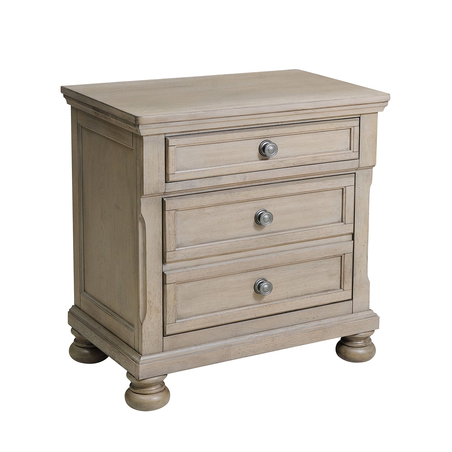Rustic oak veneer nightstand with three drawers and antique brass knobs