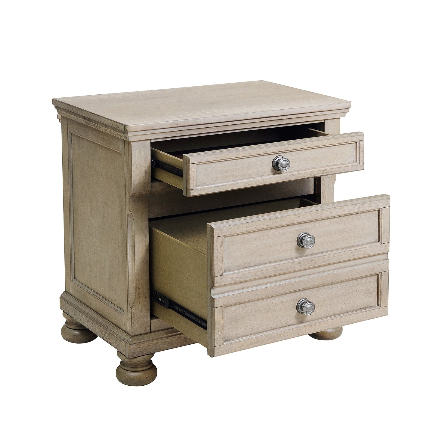 Rustic oak wood nightstand with three drawers and silver knobs