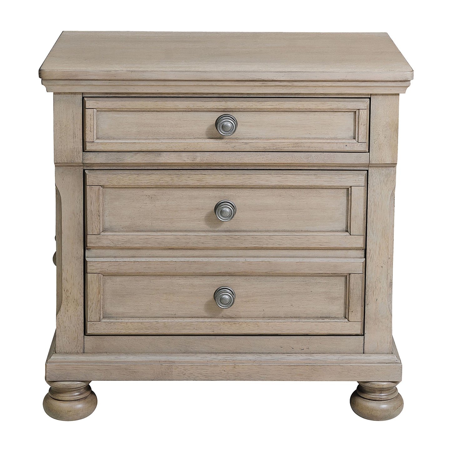 Light oak threedrawer nightstand with antique silver knobs and turned feet