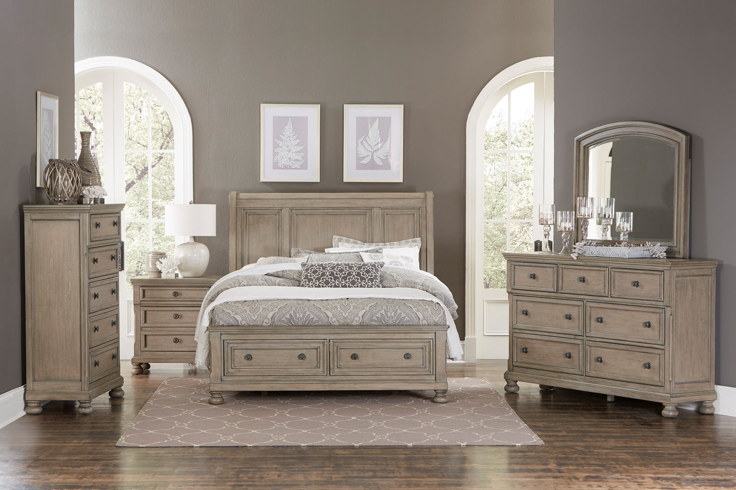 Rustic oak wood king bed frame with storage drawers