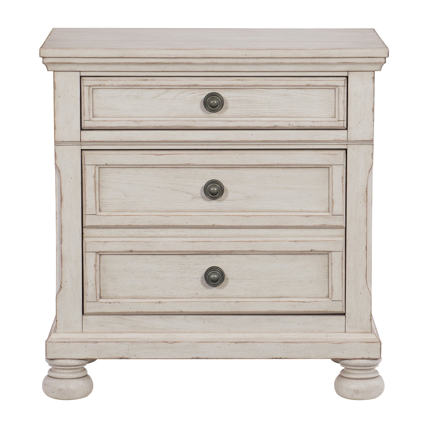 Distressed white wood nightstand with three drawers and antique bronze hardware